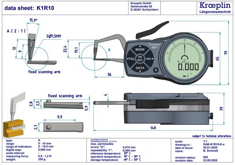 KROEPLIN 961.941 Digitale Rundlaufmessgerät für Rohrdicken, Messbereich 0-10 mm, Arm-Länge 35 mm, IP67