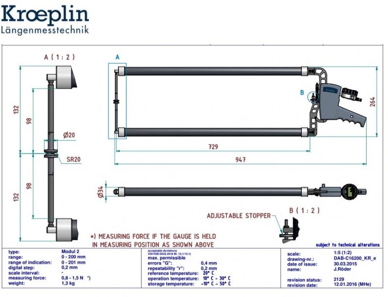 KROEPLIN 961.966 Comparatore digitale per esterni Modello C16200, campo di misura 0-200 mm, lunghezza braccio 729 mm, IP67