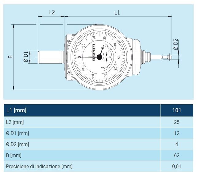 975.102 Centratore 3D New Generation FH HAIMER - Gambo Dia. 12mm, L=126mm, Quadrante comparatore Dia. 60mm