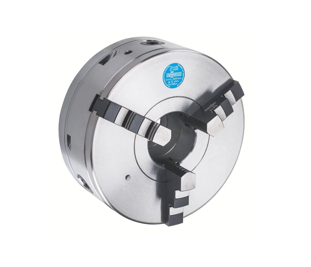RÖHM High precision independent lathe and grinding chucks ZS Hi-Tru with fine adjustment, set 3 outward stepped jaws and inward stepped jaws, DIN 6350, cylindrical centre mount, form A - Geared scroll chuck external size at choice