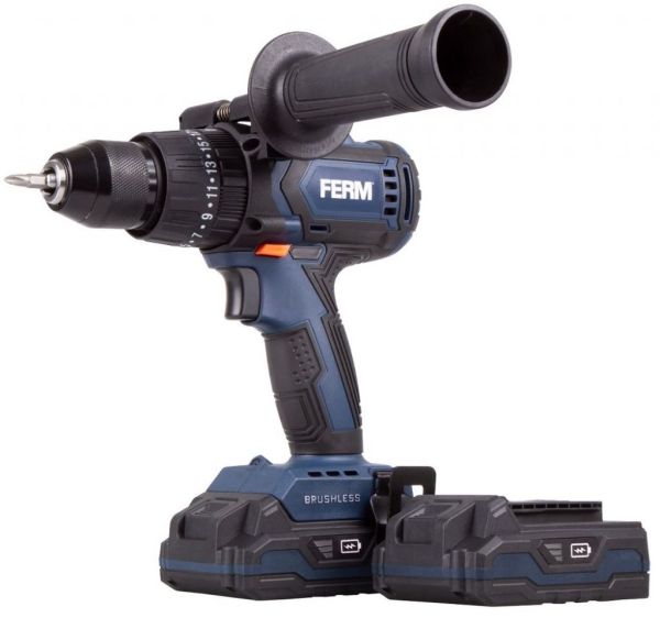 FERM CDM1138 Cordless handheld combination drill brushless motor 20V 2.0 Ah 2 Li Ion batteries