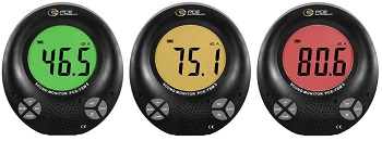 PCE Instruments PCE-TSM 5 Sound level meter with a 3-color LCD screen, multilingual acoustic alarm, audio output, remote control, and options for table or wall placement, ideal for educational spaces and conferences