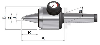 Mitlaufende Zentrierspitzen Röhm CONTROL, Morsekegel MK4 - MK5 - MK6, mit Druckanzeige, Längenausgleich und verlängerter Laufspitze, Körper gehärtet und geschliffen - Spitzenwinkel 60°